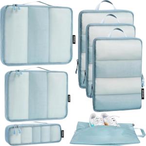 imageBagail Ultralight Packing Cubes 7 Set 3 Compression Packing Cubes 3 Packing Organizers with 1 Shoe BagDusty Blue