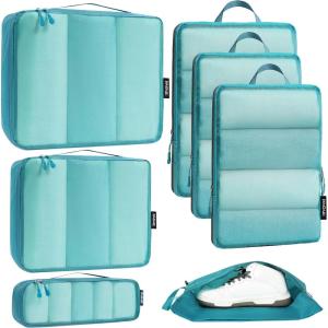 imageBagail Ultralight Packing Cubes 7 Set 3 Compression Packing Cubes 3 Packing Organizers with 1 Shoe BagTeal