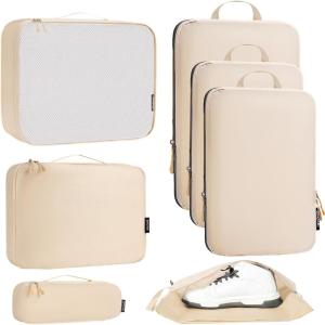 imageBagail Ultralight Packing Cubes 7 Set 3 Compression Packing Cubes 3 Packing Organizers with 1 Shoe BagThe Beige