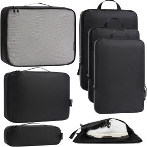imageBagail Ultralight Packing Cubes 7 Set 3 Compression Packing Cubes 3 Packing Organizers with 1 Shoe BagThe Black