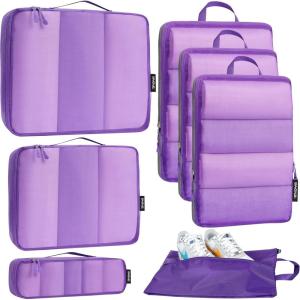 imageBagail Ultralight Packing Cubes 7 Set 3 Compression Packing Cubes 3 Packing Organizers with 1 Shoe BagThe Purple