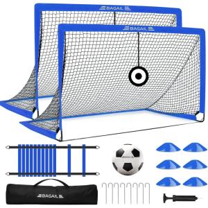 imageBAGAIL Soccer Goals for Backyard Set 2 of 6 x 4ft Portable Pop Up Soccer Nets Foldable Training Equipment with Soccer Ball Ladder Cones Targets for Outdoor GamesBlue