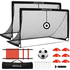 imageBAGAIL Soccer Goals for Backyard Set 2 of 6 x 4ft Portable Pop Up Soccer Nets Foldable Training Equipment with Soccer Ball Ladder Cones Targets for Outdoor GamesBlack