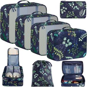 imageBAGAIL 8 Set Packing Cubes Luggage Packing Organizer Bags for Travel AccessoriesBlack FloralNavy Leaf