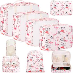imageBAGAIL 8 Set Packing Cubes Luggage Packing Organizer Bags for Travel AccessoriesBlack FloralPink Flamingo