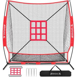 image:imageBAGAIL 7x7 ft Baseball ampamp Softball Practice Net with Bow Frame for Batting Hitting Pitching Portable Baseball Throwing Net with Strike Zone Carry Bag Baseball Training Aid for All LevelsFull Mouth  Red