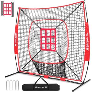 image:imageBAGAIL 7x7 ft Baseball ampamp Softball Practice Net with Bow Frame for Batting Hitting Pitching Portable Baseball Throwing Net with Strike Zone Carry Bag Baseball Training Aid for All LevelsSock Pocket  Red