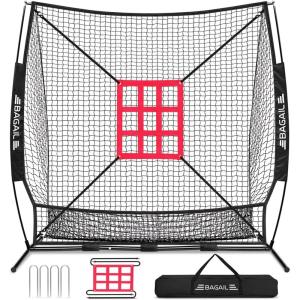 image:imageBAGAIL 7x7 ft Baseball ampamp Softball Practice Net with Bow Frame for Batting Hitting Pitching Portable Baseball Throwing Net with Strike Zone Carry Bag Baseball Training Aid for All LevelsFull Mouth  Black