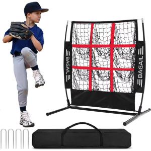 imageBAGAIL Baseball and Softball Pitching Net 9 Pocket Pitching Net Portable Pitching Target Net for Backyard with Carry BagBlackRed