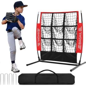 imageBAGAIL Baseball and Softball Pitching Net 9 Pocket Pitching Net Portable Pitching Target Net for Backyard with Carry BagRedBlack