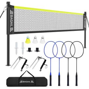 imageBAGAIL Outdoor Badminton Net Set with AntiSag Winch System  Official Size 20ft x 5ft 4 Rackets 3 Shuttlecocks Durable PE Net ampamp Carry Bag for Backyard Beach Family GamesYellow