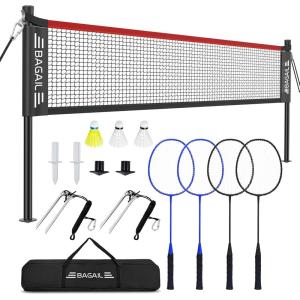 imageBAGAIL Outdoor Badminton Net Set with AntiSag Winch System  Official Size 20ft x 5ft 4 Rackets 3 Shuttlecocks Durable PE Net ampamp Carry Bag for Backyard Beach Family GamesRed