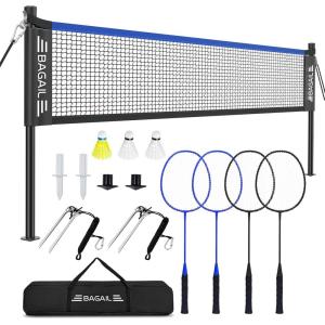 imageBAGAIL Outdoor Badminton Net Set with AntiSag Winch System  Official Size 20ft x 5ft 4 Rackets 3 Shuttlecocks Durable PE Net ampamp Carry Bag for Backyard Beach Family GamesBlue
