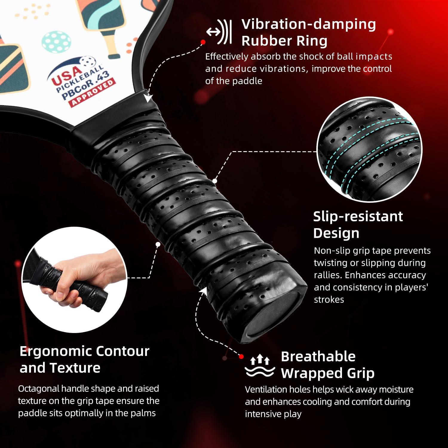 imageBAGAIL Pickleball Paddles USAPA Approved Fiberglass Surface Pickleball Set Lightweight Pickle Ball Rackets with 4 Balls 1 Bag Designed in California for Traction and StabilityRacket