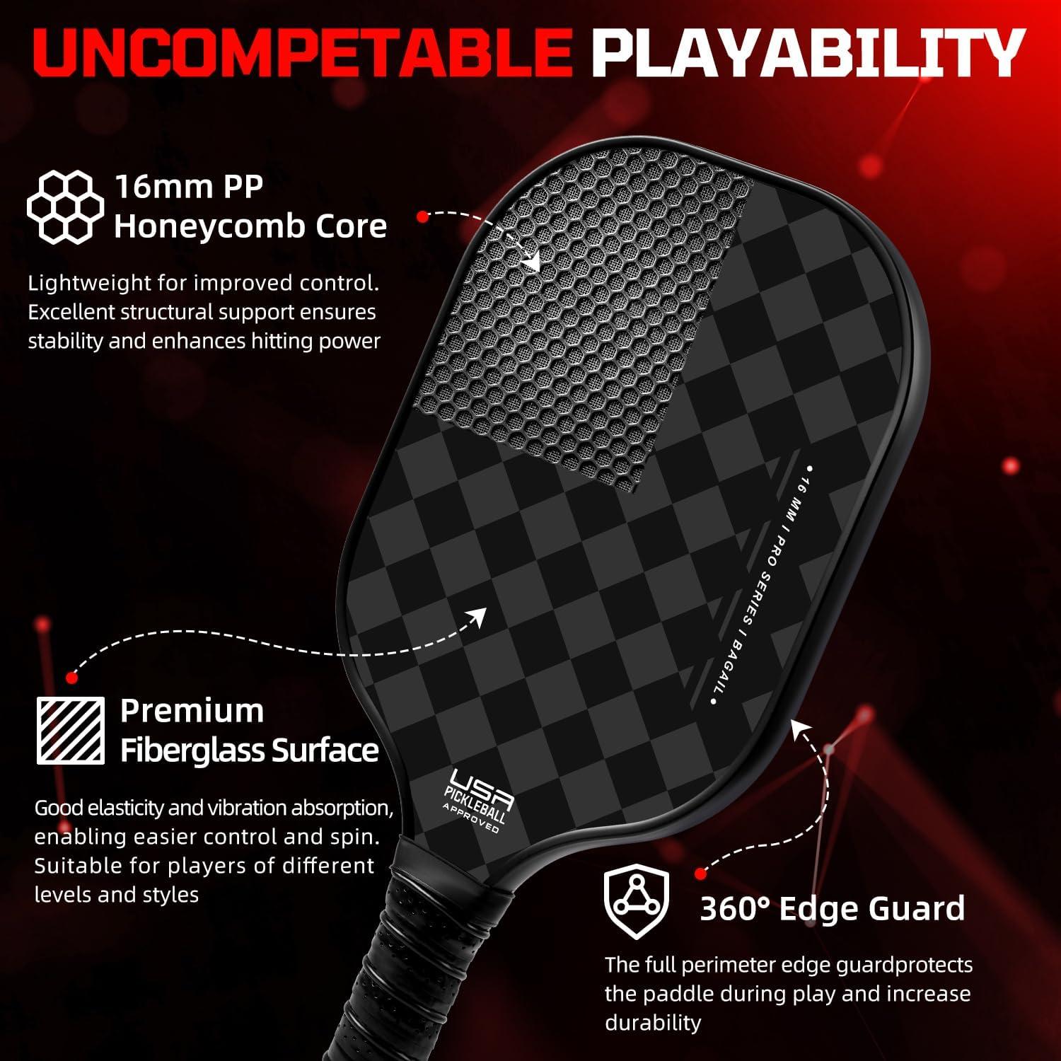 imageBAGAIL Pickleball Paddles USAPA Approved Fiberglass Surface Pickleball Set Lightweight Pickle Ball Rackets with 4 Balls 1 Bag Designed in California for Traction and StabilityChessboard
