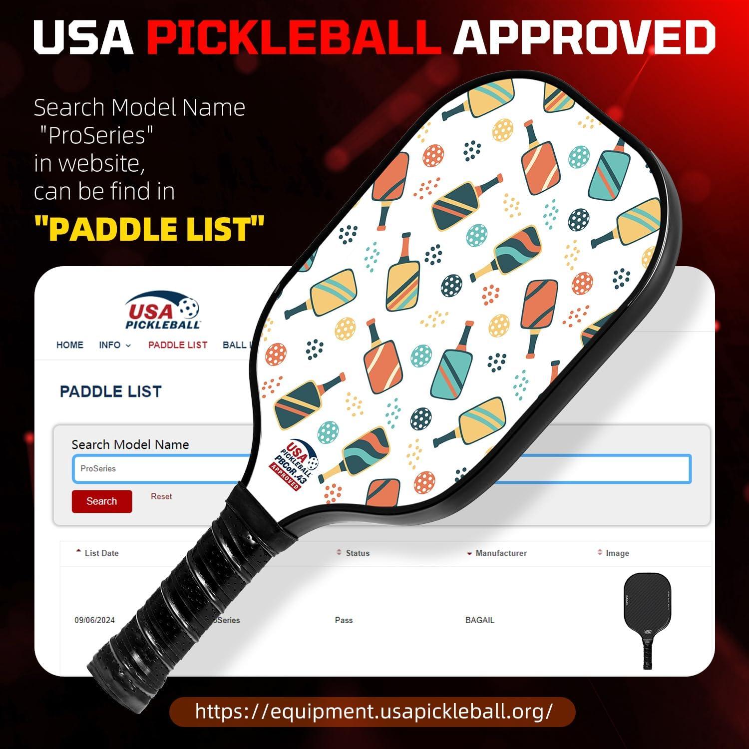 imageBAGAIL Pickleball Paddles USAPA Approved Fiberglass Surface Pickleball Set Lightweight Pickle Ball Rackets with 4 Balls 1 Bag Designed in California for Traction and StabilityRacket