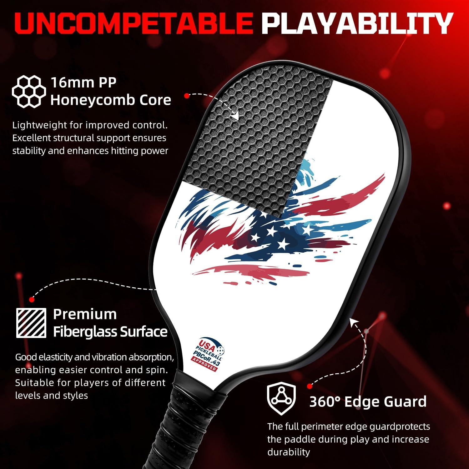 imageBAGAIL Pickleball Paddles USAPA Approved Fiberglass Surface Pickleball Set Lightweight Pickle Ball Rackets with 4 Balls 1 Bag Designed in California for Traction and StabilityEagle
