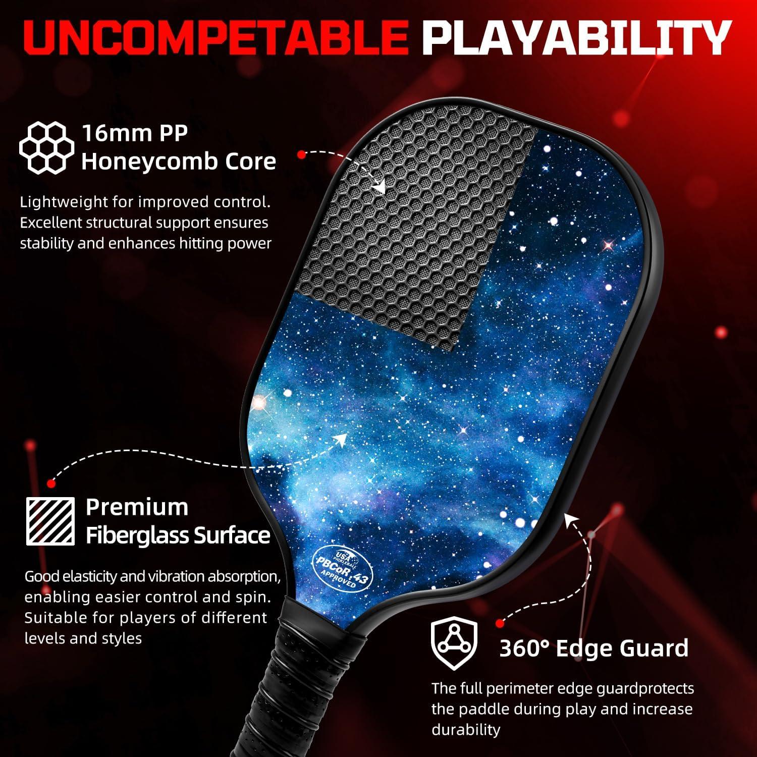 imageBAGAIL Pickleball Paddles USAPA Approved Fiberglass Surface Pickleball Set Lightweight Pickle Ball Rackets with 4 Balls 1 Bag Designed in California for Traction and StabilitySky