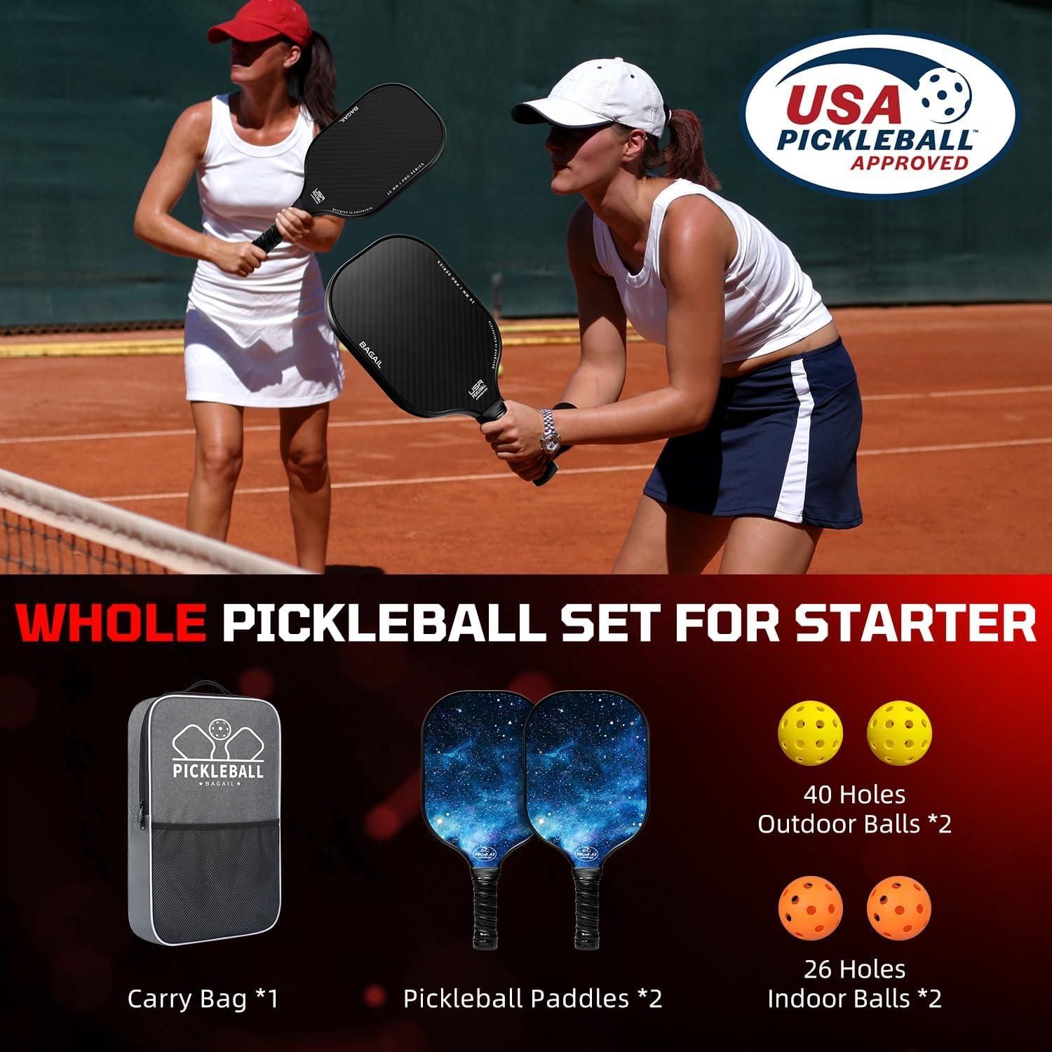 imageBAGAIL Pickleball Paddles USAPA Approved Fiberglass Surface Pickleball Set Lightweight Pickle Ball Rackets with 4 Balls 1 Bag Designed in California for Traction and StabilitySky