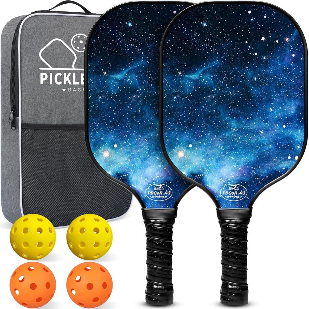 imageBAGAIL Pickleball Paddles USAPA Approved Fiberglass Surface Pickleball Set Lightweight Pickle Ball Rackets with 4 Balls 1 Bag Designed in California for Traction and StabilitySky
