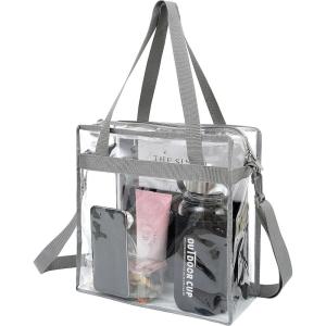 image:imageBAGAIL Clear Bags 12x6x12 Stadium Approved Clear Tote Bag with Zipper Closure Crossbody Shoulder Bag with Adjustable StrapGrey